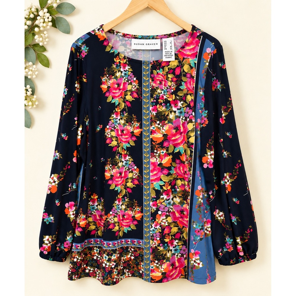 Susan Graver Liquid Knit Floral Patchwork Long Sleeve Blouse Navy Blue Large